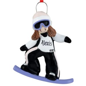 Image of Girl Snowboarder BROWN Hair Personalized Christmas Ornament