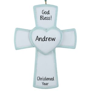 Boy Christening Cross BLUE Glittered Heart Ornament