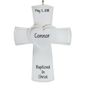 Image of Baptism WHITE Cross Glittered Heart Ornament