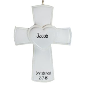 Image of Christening WHITE Cross Glittered Heart Ornament
