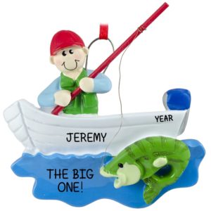 Image of Personalized Fisherman In Boat Catching Big Fish Ornament