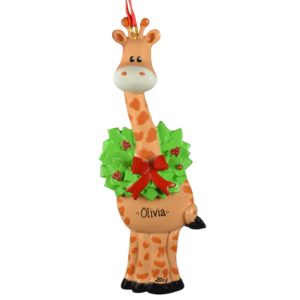 Image of Personalized Giraffe With Christmas Wreath Glittered Ornament