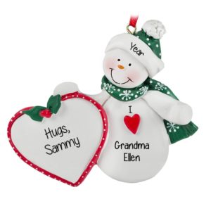 Image of Personalized I Love Grandma Snowman Holding Heart Ornament