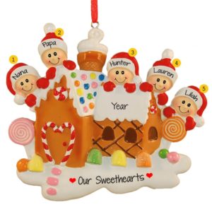 Image of Grandparents + 3 Grandchildren Gingerbread House Ornament