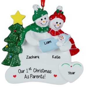 Image of 1st Christmas As Parents Snow Couple Holding Baby BOY Ornament