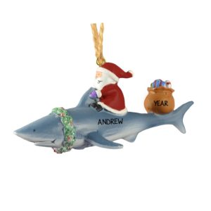 Image of Santa Riding A Shark With Glittered Wreath Ornament