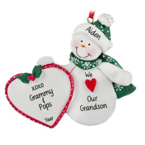 Image of We Love Our Grandson Snowman Holding Heart Ornament