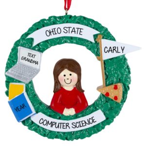 Image of Personalized GIRL College Student On Wreath Ornament BRUNETTE