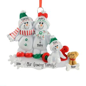Image of Expecting Couple With Child & DOG On Sled Ornament