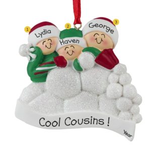 Image of Three Cousins Having Snowball Fight Glittered Ornament