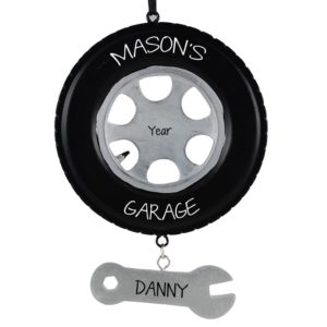Image of Tire + Dangling Wrench Personalized Christmas Ornament