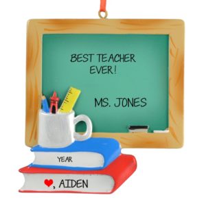 Image of Personalized Teacher Chalkboard Books And Coffee Cup Ornament