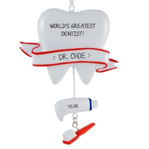Image of #1 Dentist Tooth + Dangling Toothbrush Ornament