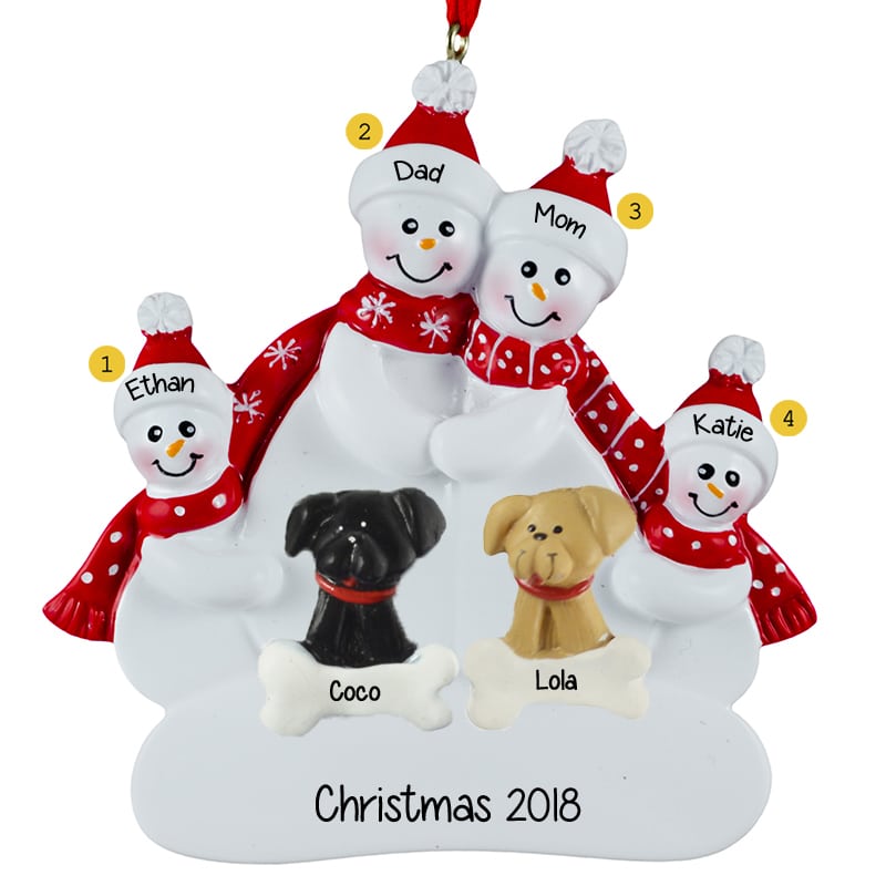 Personalized Snowman Family of 4 w/ Dog Christmas Ornament 