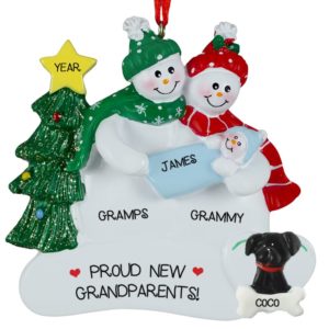 Image of Grandparents Holding Baby BOY + Dog Personalized Ornament