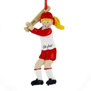 Image of Softball Player RED & White Uniform Ornament BLONDE