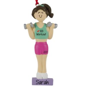 Image of Girl Lifting Hand Weights Personalized Ornament BRUNETTE