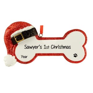 Image of Personalized Puppy's 1st Christmas Santa Dog Bone Ornament