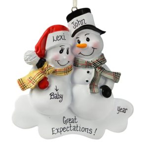 Image of Pregnant Snow Couple Plaid Scarves Ornament