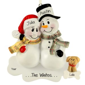 Image of Personalized Snow Couple + DOG Plaid Scarves Ornament