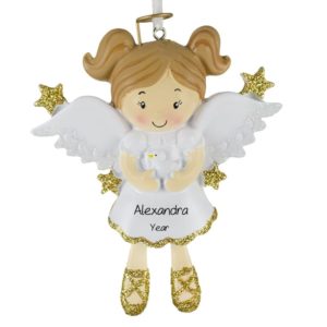 Image of GIRL Angel With Dove Gold Glittered Stars Ornament
