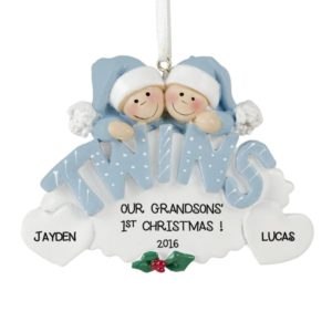 Image of Twin Grandsons' First Christmas BLUE Letters Ornament