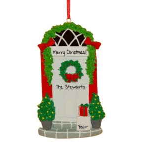 Image of Christmas White Front Door With Bows & Wreath Ornament