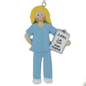 Image of Personalized Lab Technician Wearing BLUE Scrubs Ornament BLONDE