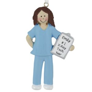 Image of Personalized X-ray Tech Wearing BLUE Scrubs Ornament BRUNETTE