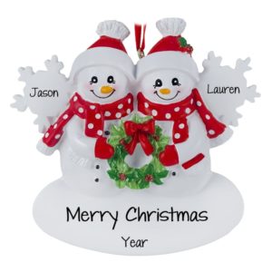 Image of Personalized Snow Couple Holding Christmas Wreath Ornament