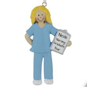 Image of Nursing Graduate Female Wearing BLUE Scrubs Ornament BLONDE