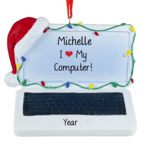 Image of Personalized Laptop Computer Christmas Lights & Santa Hat Ornament