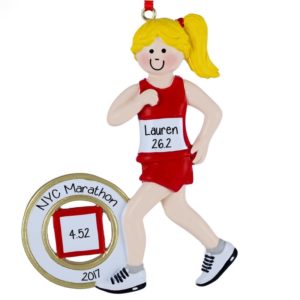 Image of Personalized Marathon Runner FEMALE Red Shorts Ornament BLONDE