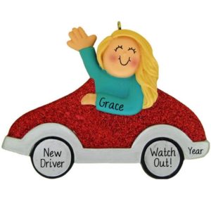 Image of Personalized New Driver BLONDE Girl In RED Car Ornament