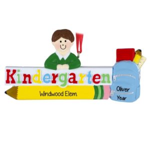 Image of Kindergarten Boy With Backpack Personalized Ornament BROWN HAIR