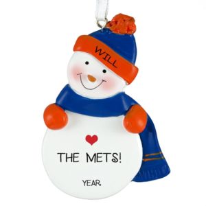 Image of Personalized New York Mets ORANGE & BLUE Snowman Ornament