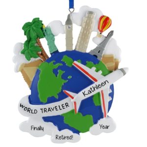 Image of Retired World Traveler Globe & Plane Personalized Ornament