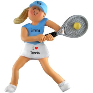 Image of Female Tennis Player Holding Raquet + Ball Ornament BLONDE