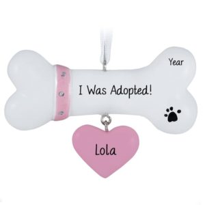 Image of Personalized Adopted Dog Bone Dangling PINK Heart Ornament