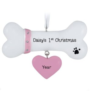 Image of Personalized Dog's 1st Christmas Bone Dangling PINK Heart Ornament