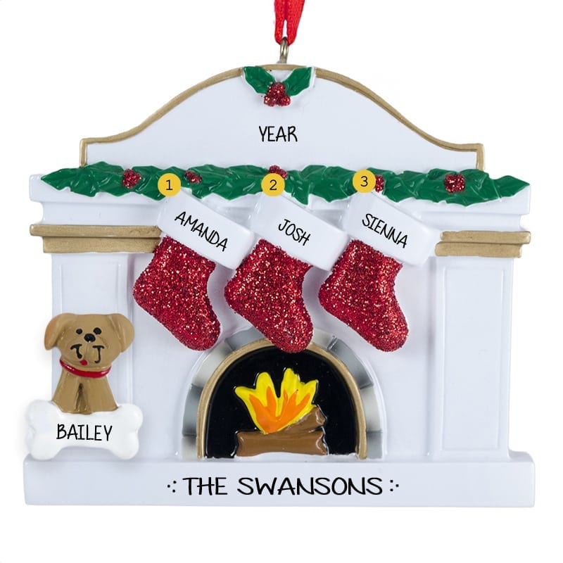 Family Of 3 With Dog WHITE Fireplace Ornament | Personalized Ornaments ...