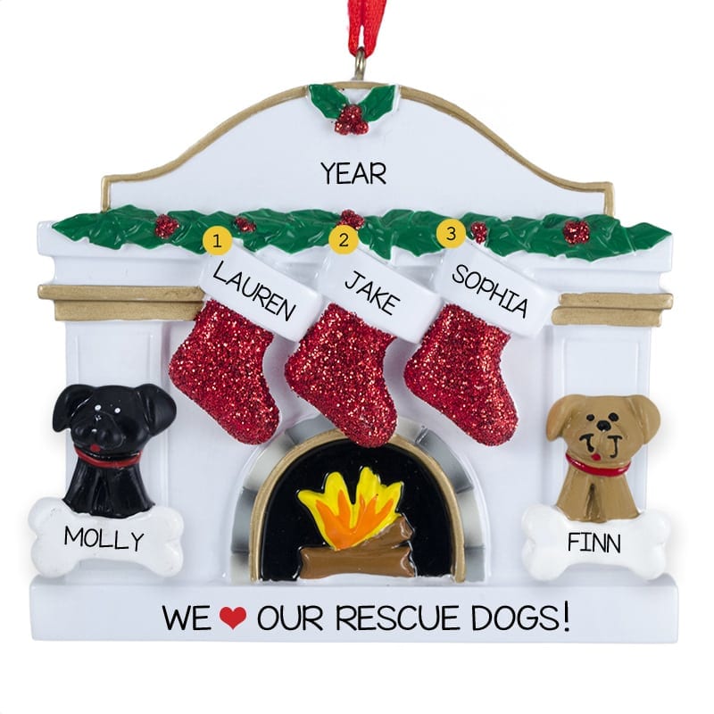family of 3 with 2 dogs ornament