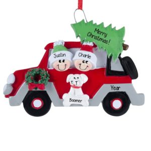 Image of Gay / Lesbian Couple + Dog Christmasy Car Ornament