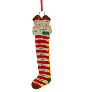 Image of Personalized Grandparents + 10 Grandkids Candy Cane Stocking Ornament