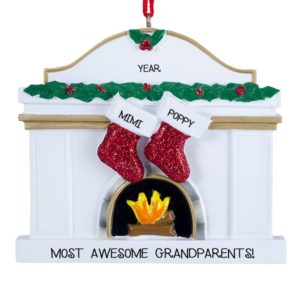 Image of Personalized Grandparents Festive Fireplace Glittered Stockings Ornament