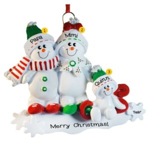 Image of Grandparents + 1 Grandkid Snowfamily Sledding Ornament