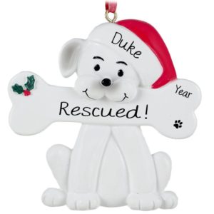 Image of Personalized WHITE Rescue Dog Santa Hat + Dogbone Ornament