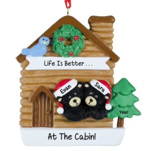 Image of Personalized Black Bear Couple In Christmasy Cabin Ornament