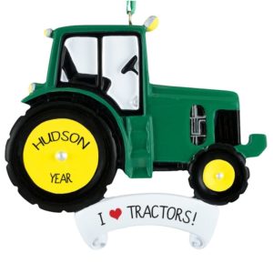 Image of Personalized I Love Tractors GREEN With Yellow Wheels Ornament