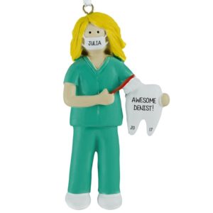 Image of Personalized Dentist Female GREEN Scrubs Ornament BLONDE